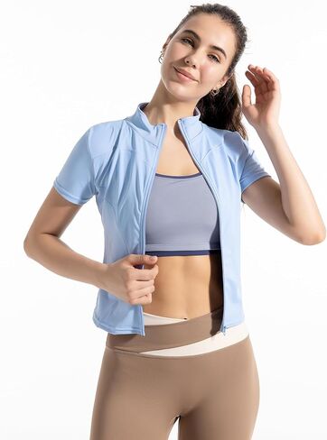 Women's Short Sleeve Slim Fit Athletic Jacket Full Zip Workout Tops Solid Color Fitness Clothing in Saudi Arabia