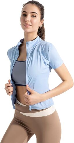 Women's Short Sleeve Slim Fit Athletic Jacket Full Zip Workout Tops Solid Color Fitness Clothing in Saudi Arabia