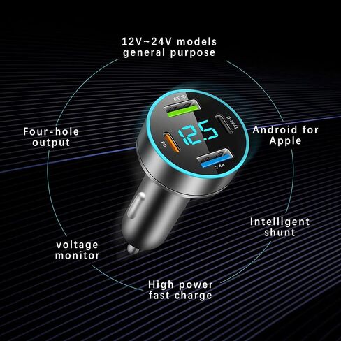 Car Charger Adapter - [Upgraded Version] Car Fast Charger with 4 Ports (PD+QC3.0+USB C) Atmosphere Light - 12-24V Car Truck SUV Universal USB Cigarette Lighter Adapter (QC3.0+Type-C+PD+2.4A) in Saudi Arabia