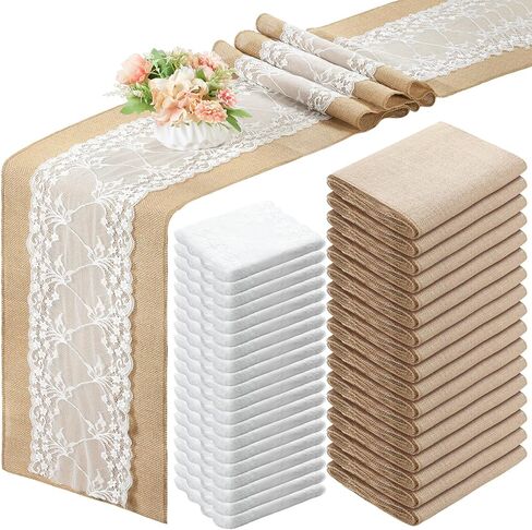 Tudomro 24 Pcs 12 x 108 Inch Wedding Burlap Table Runners and 24 Pcs White Lace Table Runner Bulk Rustic Table Runner Decor Party Favors for Birthday Hotel Farmhouse Home Table(Elegant Style) in Saudi Arabia
