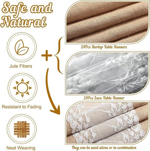 Tudomro 24 Pcs 12 x 108 Inch Wedding Burlap Table Runners and 24 Pcs White Lace Table Runner Bulk Rustic Table Runner Decor Party Favors for Birthday Hotel Farmhouse Home Table(Elegant Style) in Saudi Arabia