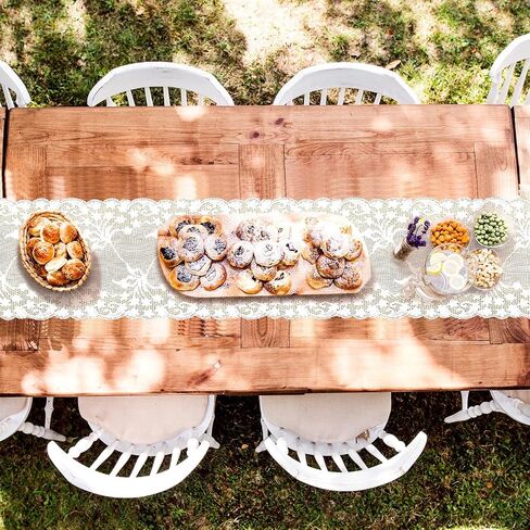 Tudomro 24 Pcs 12 x 108 Inch Wedding Burlap Table Runners and 24 Pcs White Lace Table Runner Bulk Rustic Table Runner Decor Party Favors for Birthday Hotel Farmhouse Home Table(Elegant Style) in Saudi Arabia