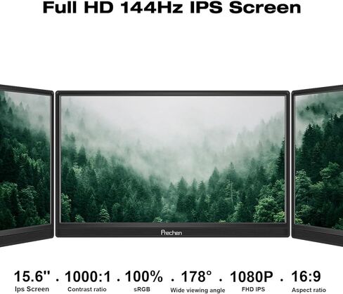 شاشة الألعاب المحمولة Prechen 15.6 بوصة 144 هرتز HDR، 99% sRGB، 1080P FHD، مسند، رفيع للغاية، العناية بالعين، شاشة ثانية خارجية للكمبيوتر المحمول، الكمبيوتر الشخصي، PS5، Mac، Xbox in Saudi Arabia