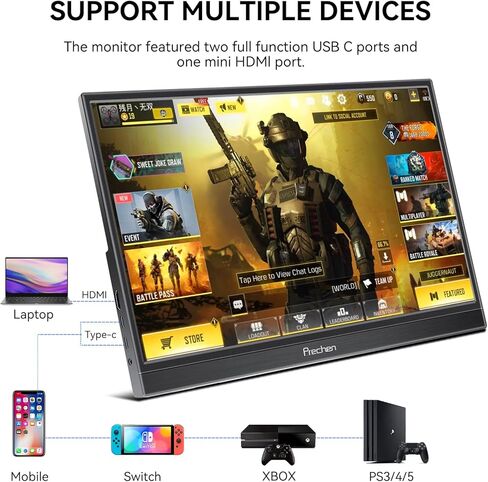 شاشة الألعاب المحمولة Prechen 15.6 بوصة 144 هرتز HDR، 99% sRGB، 1080P FHD، مسند، رفيع للغاية، العناية بالعين، شاشة ثانية خارجية للكمبيوتر المحمول، الكمبيوتر الشخصي، PS5، Mac، Xbox in Saudi Arabia