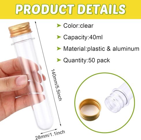 50 Pcs Test Tubes 40 ml Plastic Test Tubes with Screw Lids 1.1 x 5.5 Inch/ 28 x 140 mm Clear Candy Tubes Vials Storage Tubes Container for Sample Powder Seed Bead Gift Science Party (Silver) in Saudi Arabia
