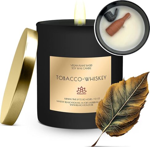 Candle for Men - Natural SoyWax Candle in Big Glass Jar - Highly Scented Candle Tobacco & Whiskey Scent | Burn Time 80 h. - Ideal for Home, Gift for Men, Husband, Father - Handmade in USA in Kuwait