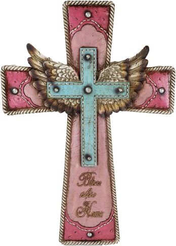 Ebros Gift 16" H Rustic Western Cowgirl Pink And Turquoise Angel Wings Bless This Home Faux Tooled Leather Wall Cross Decor Plaque With Braided Ropes Borders Resin Christian Catholic Accent in Saudi Arabia