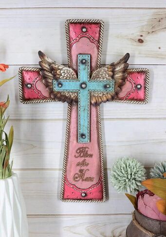 Ebros Gift 16" H Rustic Western Cowgirl Pink And Turquoise Angel Wings Bless This Home Faux Tooled Leather Wall Cross Decor Plaque With Braided Ropes Borders Resin Christian Catholic Accent in Saudi Arabia