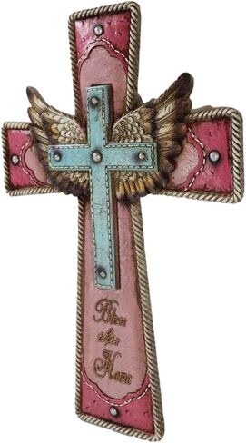 Ebros Gift 16" H Rustic Western Cowgirl Pink And Turquoise Angel Wings Bless This Home Faux Tooled Leather Wall Cross Decor Plaque With Braided Ropes Borders Resin Christian Catholic Accent in Saudi Arabia