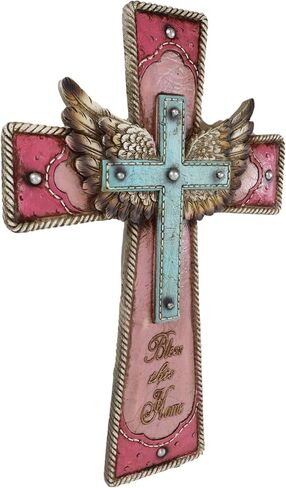 Ebros Gift 16" H Rustic Western Cowgirl Pink And Turquoise Angel Wings Bless This Home Faux Tooled Leather Wall Cross Decor Plaque With Braided Ropes Borders Resin Christian Catholic Accent in Saudi Arabia