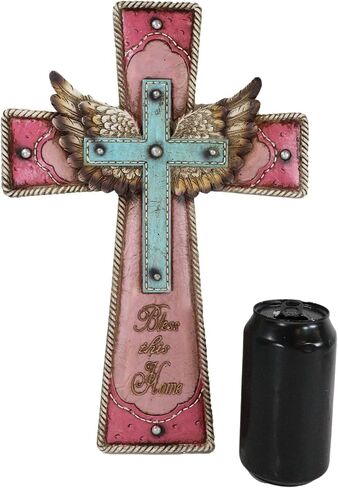 Ebros Gift 16" H Rustic Western Cowgirl Pink And Turquoise Angel Wings Bless This Home Faux Tooled Leather Wall Cross Decor Plaque With Braided Ropes Borders Resin Christian Catholic Accent in Saudi Arabia