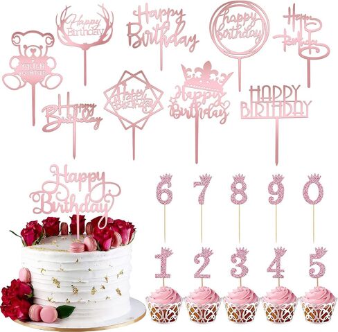 Happy Birthday Cake Topper, 20PCS Black Acrylic Happy Birthday Sign Cupcake Toppers Set for Boys Girls Women Men Birthday Party Decorations Supplies in Saudi Arabia