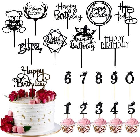 Happy Birthday Cake Topper, 20PCS Black Acrylic Happy Birthday Sign Cupcake Toppers Set for Boys Girls Women Men Birthday Party Decorations Supplies in Saudi Arabia