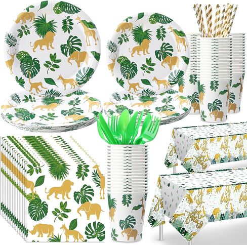 Jinei 130 Pcs Safari Jungle Safari Party Supplies 16 Set Jungle Animal Safari Tableware Tablecloth Plates Cups Napkins Spoons Forks Knives Straws for Kids Birthday Party Baby Shower Decorations in Saudi Arabia