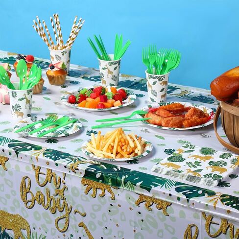 Jinei 130 Pcs Safari Jungle Safari Party Supplies 16 Set Jungle Animal Safari Tableware Tablecloth Plates Cups Napkins Spoons Forks Knives Straws for Kids Birthday Party Baby Shower Decorations in Saudi Arabia