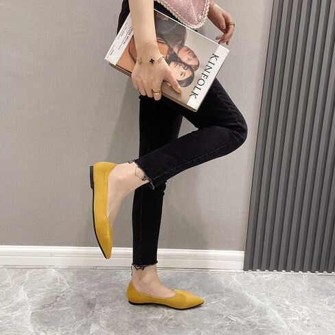 أحذية JBB النسائية المسطحة بمقدمة مدببة أحذية الباليه المحبوكة بكعب منخفض سهلة الارتداء للمشي فستان كاجوال بدون كعب أصفر 6.5 in Kuwait