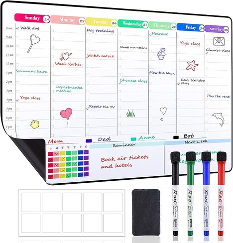 POPRUN Dry Erase Board Magnetic Weekly Calendar Whiteboard for Fridge, 16.5"x11"Schedule Board for Kids, Weekly Planner Whiteboard with Hourly Time Slots Perfect as Planner Board for School and Family in Kuwait