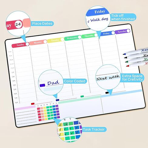 POPRUN Dry Erase Board Magnetic Weekly Calendar Whiteboard for Fridge, 16.5"x11"Schedule Board for Kids, Weekly Planner Whiteboard with Hourly Time Slots Perfect as Planner Board for School and Family in Kuwait