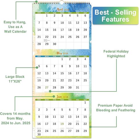 2024-2025 Calendar - 3 Month Wall Calendar 2024-2025 Display (Folded in a Month), Wall Calendar 2024-2025, Apr. 2024 - Sep. 2025, 11" x 26", 3 Month Vertical Calendar in Kuwait
