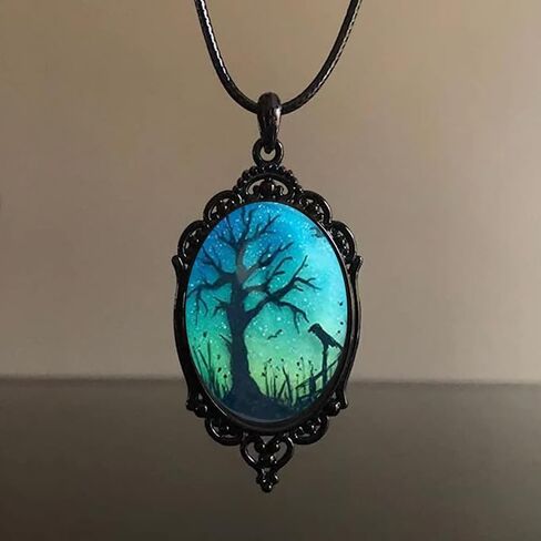 Raven Branch Glass Pendant Necklace - Vintage Gothic Oval Frame Pendant Necklace Mystic Witch Jewelry Gift Accessories in Kuwait
