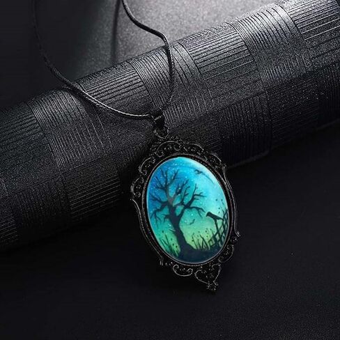 Raven Branch Glass Pendant Necklace - Vintage Gothic Oval Frame Pendant Necklace Mystic Witch Jewelry Gift Accessories in Kuwait