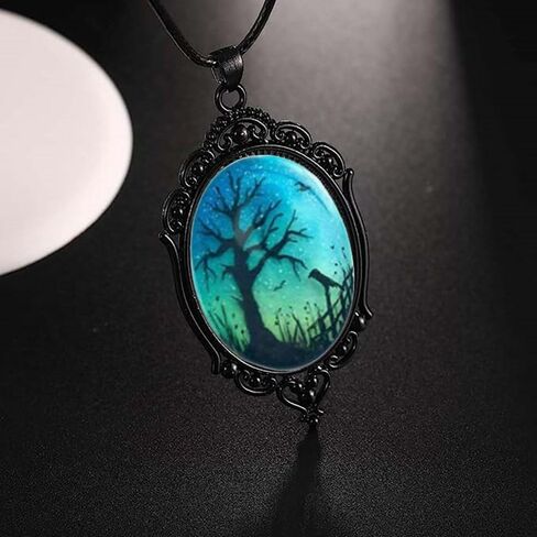 Raven Branch Glass Pendant Necklace - Vintage Gothic Oval Frame Pendant Necklace Mystic Witch Jewelry Gift Accessories in Kuwait
