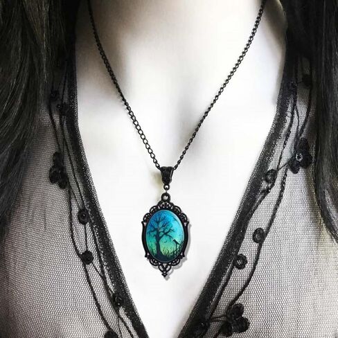 Raven Branch Glass Pendant Necklace - Vintage Gothic Oval Frame Pendant Necklace Mystic Witch Jewelry Gift Accessories in Kuwait
