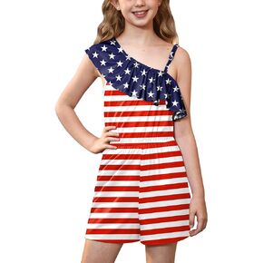 BesserBay Girls 4th of July One Shoulder Rompers American Flag Ruffle Jumpsuits 5-14 Years