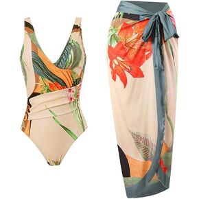Women One Piece Swimsuit Vintage Floral Bathing Suits with Cover up Wrap Skirts Sarongs 2 Piece Monokini Beachwear