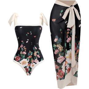 Women One Piece Swimsuit Vintage Floral Bathing Suits with Cover up Wrap Skirts Sarongs 2 Piece Monokini Beachwear