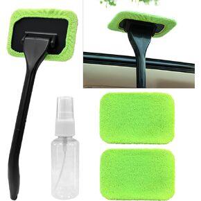Car Windshield Cleaning Tool, Microfiber Window Cleaner Set with 2 Washable and Reusable Cloth Pad Head, Auto Window Cleaner with Detachable Handle and Spray Bottle, Car Accessories
