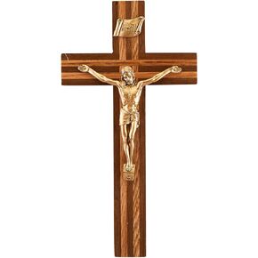 Walnut Wooden Wall Cross Crucifix with Oak Inlay, Religious Home Decor, 8 inch