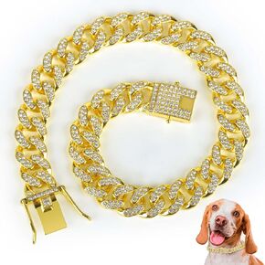 Dog Chain Collar Diamond Link Dog Collar Walking Dog Necklace Metal Cat Chain with Secure Buckle Pet Crystal Collar for Small Medium Large Dogs Cats (Pink, 16 Inch)