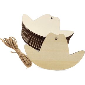 30 Pieces Wooden Cowboy Hat Tags Unfinished Wood Hanging Cowboy Hat Tags Natural Blank Wooden Hat Cutouts Labels DIY Wooden Cowboy Hat Tags with Ropes