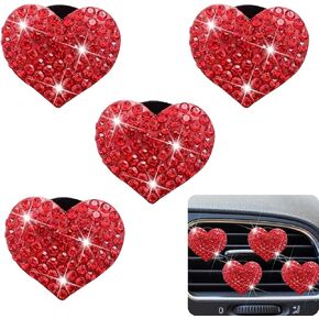 4 PCS Bling Car Air Conditioner Air Outlet Decoration, Diamond Studded Shiny Heart-Shaped Clip, Cute Charm Interior Aesthetic Ornaments for Women, Universal Car Interior Accessories (Red)