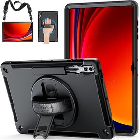 Case for Samsung Galaxy Tab S9 Ultra 2023: 3-Layer Rugged Military Grade Shockproof Case for Tab S8 Ultra 14.6 Inch with 360° Swivel Stand - Handle - Shoulder Strap - S Pen Holder - Black