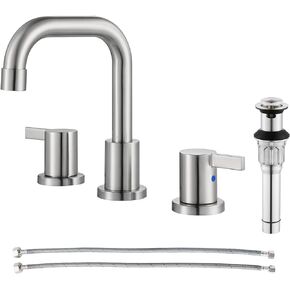 PARLOS Two-Handle Widespread Bathroom Faucet with Metal Pop-up Drain Assembly and cUPC Faucet Supply Lines, Brushed Gold, 1.2 GPM