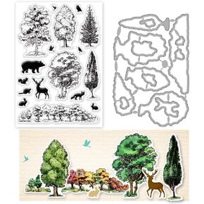 2PCS Animal Tree Cutting Dies and Silicone Clear Stamps Set Bear Rabbit Bird Transparent Stamps Forest Elk Rubber Clear Stamps and Dies for Card Making Scrapbooking Embossing Album DIY Craft
