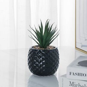 HZYUN Ceramic Flower Pot Artificial Flower Decoration Pineapple Potted Fake Succulent Plants Pot Fake Plant for Office Desktop (Black)