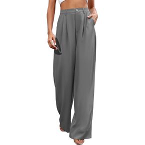 المرأة عادية واسعة الساق السراويل زر أسفل مستقيم السراويل الطويلة السراويل مرونة عالية الخصر فستان السراويل للنساء in Kuwait