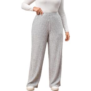 MakeMeChic Women's Plus Size Ribbed Knit Elastic High Waisted Straight Wide Leg Pants Trousers