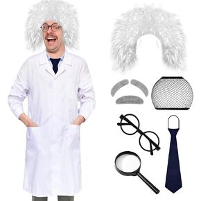 Adult Mad Scientist 8 Pcs Set 100th Day of School Wig White Lab Coat Albert Einstein Costume for Mens (L)