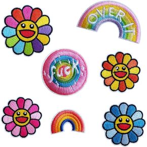 Embroidered Flower Patch, Bundle 7PCS Colorful Funny Pink Smile Sunflower Rainbow Iron On Patch DIY Decorative Repair Patch for Clothes Hats Bags Jacket Jeans Backpacks