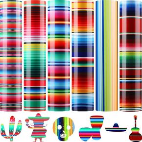 Cinco De Mayo Printed Transfer Vinyls HTV Mexican Design Heat Transfer Vinyls Serape Pattern Vinyls Striped Vinyl Sheets for Mexican Fiesta Theme Party, 9.84 x 11.81 Inch (Vibrant Colors)
