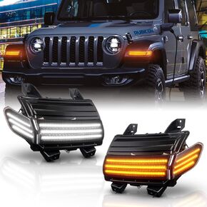 Gempro Led Fender Side Marker Turn Signal Lights Kits for J'eep Wrangler JL 2018-2020, Smoked Len 4pcs [Sequential Amber Turn Signals&White DRL]
