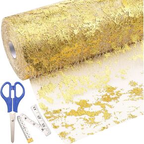 Newwiee Metallic Gold Thin Table Runner with Scissors and Soft Ruler 11 Inch x 164 ft Glitter Gold Mesh Table Runner Roll Centerpiece Table Decorations Gold Table Decor for Wedding Birthday Banquet