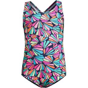 Lands' End Girls Chlorine Resistant One Piece UPF 50 Swimsuit Small Deep Sea Navy Fun Shells