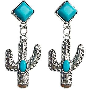 Boho Turquoise Cactus Drop Dangle Earrings for Women Girls Western Style Studs Earring Retro Jewelry Gifts Birthday