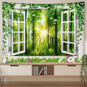 Coveimes Sunshine Forest Tapestry Wall Hanging, Nature Green Forest Trees Floral Bloom Spring Woodland Grasses Window Scenery Tapestries, Virgin Forest Wall Tapestry Decor for Living Room Bedroom