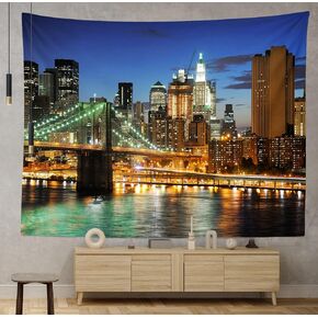 Loccor New York City Tapestry Brooklyn Bridge Manhattan Night Skyline Hudson River Wall Tapestry NYC Urban Skyscraper Wall Hanging American Wall Art for Bedroom Living Room Dorm Home Decor 60" x 40"